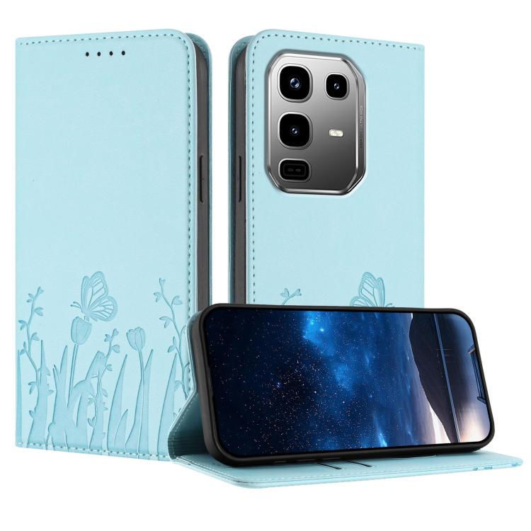 Light blue magnetic vegan leather phone case with tulip and butterfly pattern, card slots, flip cover