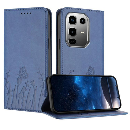 Blue magnetic vegan leather phone case with tulip and butterfly pattern, card slots, flip cover