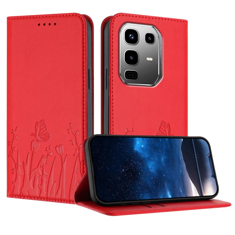 Red magnetic vegan leather phone case with tulip and butterfly pattern, card slots, flip cover
