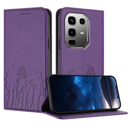 Magnetic vegan leather phone case in purple with butterfly-and-tulip pattern, front flap open