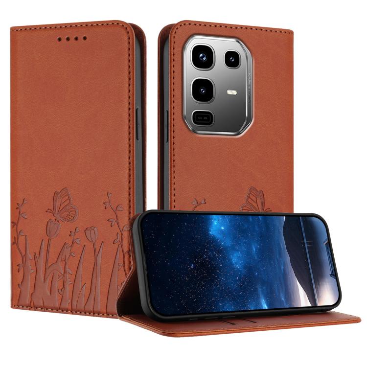 Magnetic vegan leather phone case in brown with butterfly-and-tulip pattern, front flap open