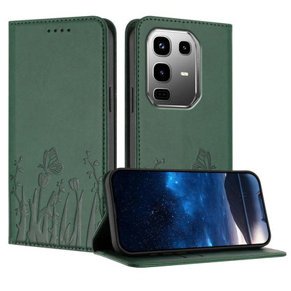 Magnetic vegan leather phone case in dark green with butterfly-and-tulip pattern, front flap open