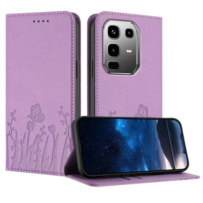 Magnetic vegan leather phone case in light purple with butterfly-and-tulip pattern, front flap open