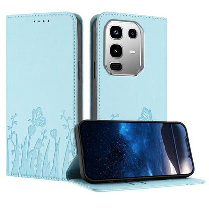Magnetic vegan leather phone case in light blue with butterfly-and-tulip pattern, front flap open