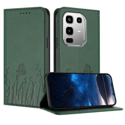 Magnetic vegan leather phone case with tulip and butterfly pattern, dark green flip cover