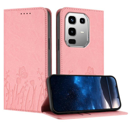 Magnetic vegan leather phone case with tulip and butterfly pattern, pink flip cover