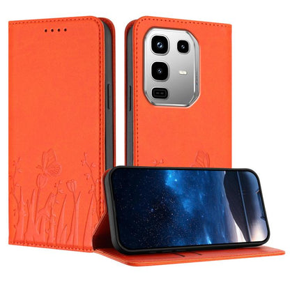 Magnetic vegan leather phone case with tulip and butterfly pattern, orange flip cover