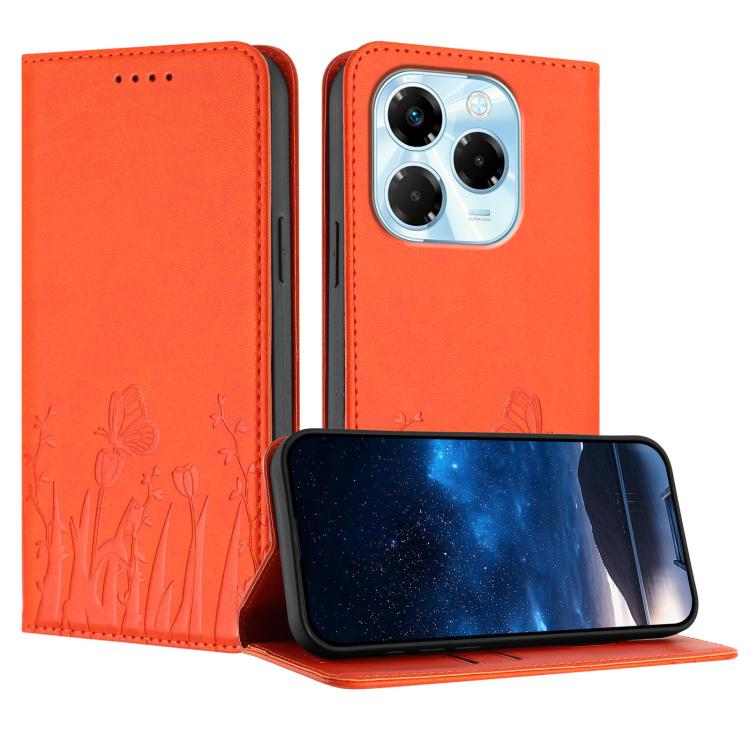 Magnetic vegan leather phone case with tulip and butterfly pattern, bright orange color
