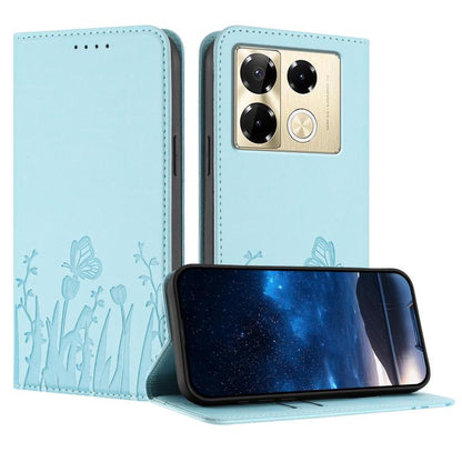 Light blue magnetic vegan leather phone case with tulip and butterfly embossed pattern, flip cover