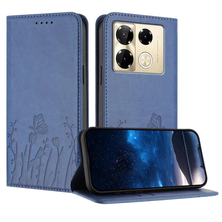 Blue magnetic vegan leather phone case with tulip and butterfly embossed pattern, flip cover