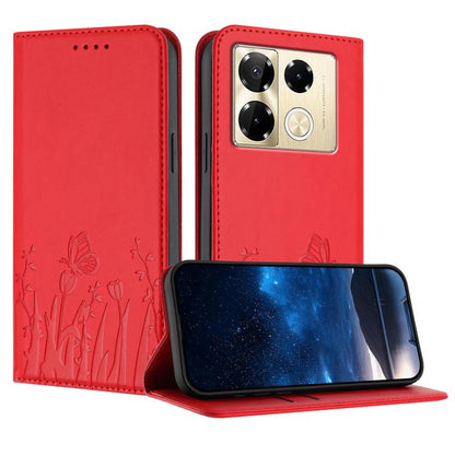 Red magnetic vegan leather phone case with tulip and butterfly embossed pattern, flip cover
