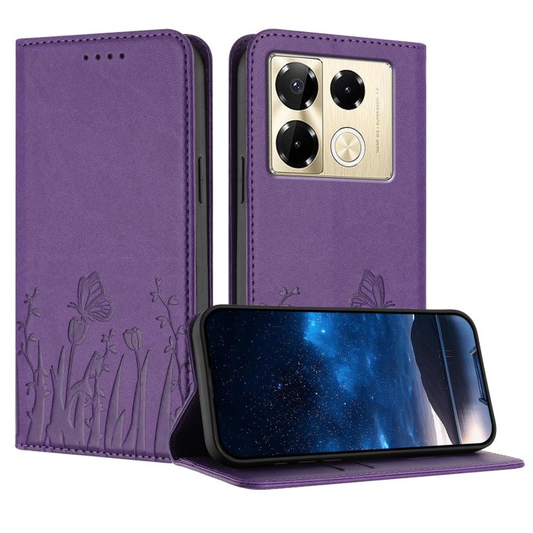 Magnetic vegan leather phone case, purple with tulip butterfly pattern and flip stand