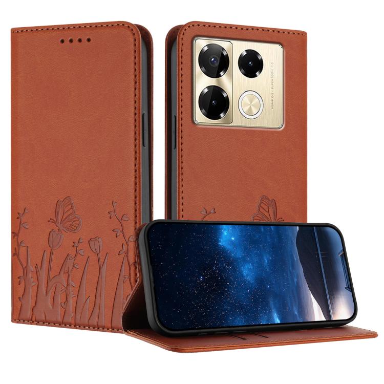 Magnetic vegan leather phone case, orange-brown with tulip butterfly pattern and flip stand