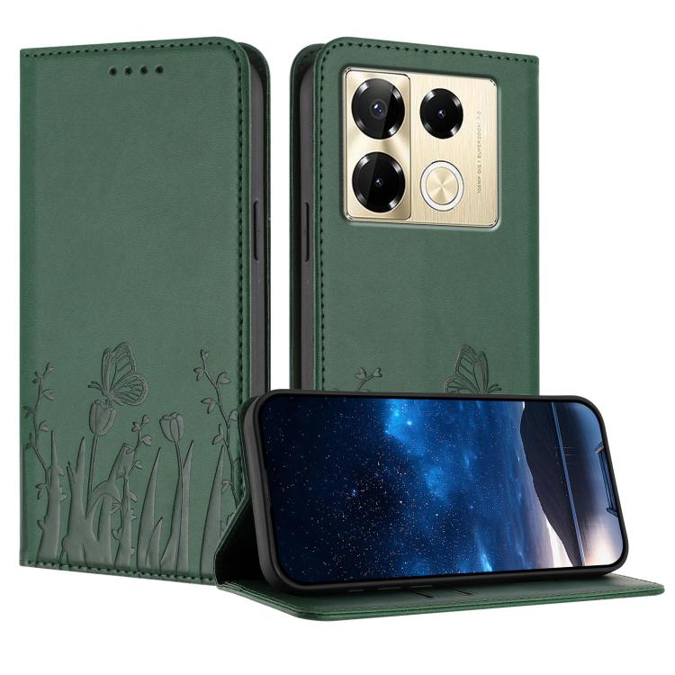Magnetic vegan leather phone case, dark green with tulip butterfly pattern and flip stand