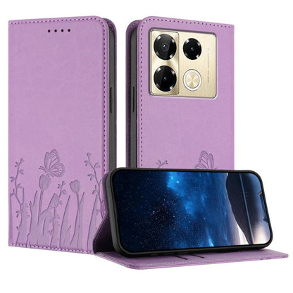 Magnetic vegan leather phone case, light purple with tulip butterfly pattern and flip stand