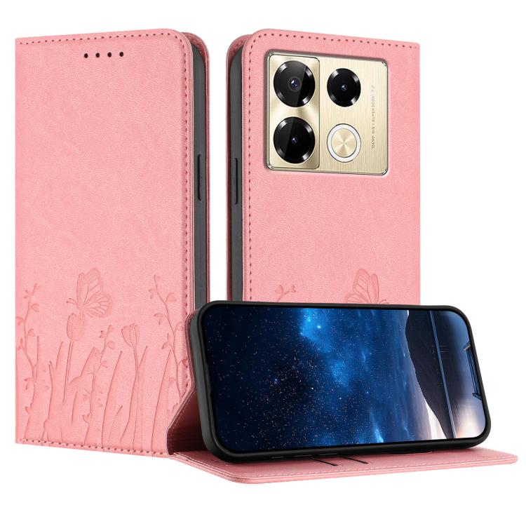 Magnetic vegan leather phone case, pink with tulip butterfly pattern and flip stand