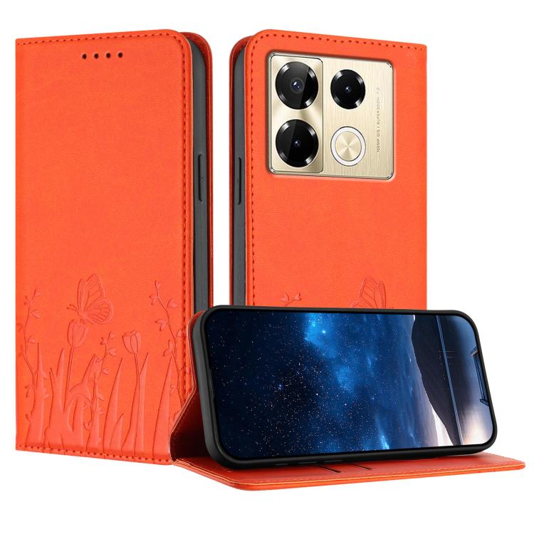 Magnetic vegan leather phone case, orange with tulip butterfly pattern and flip stand