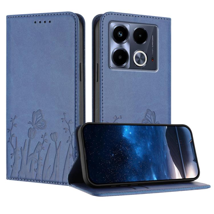 Magnetic vegan leather phone case with tulip and butterfly pattern, dark blue color