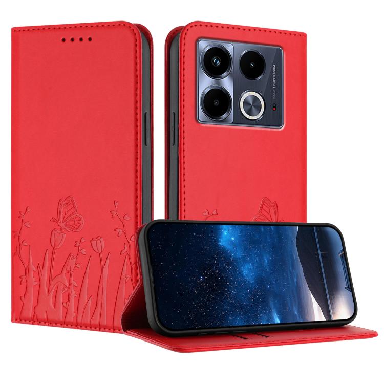 Magnetic vegan leather phone case with tulip and butterfly pattern, red color