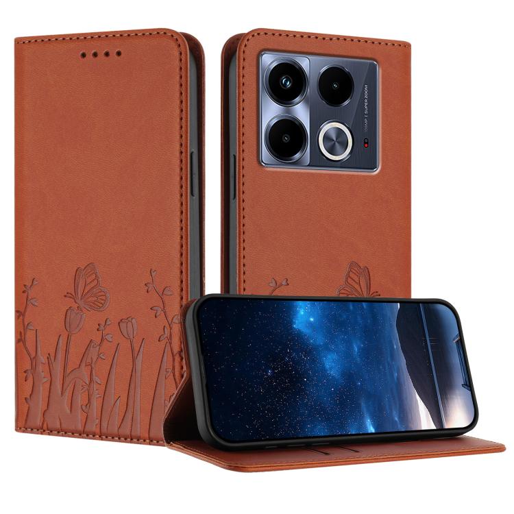 Magnetic vegan leather phone case in orange with tulip and butterfly pattern, card-slot flap
