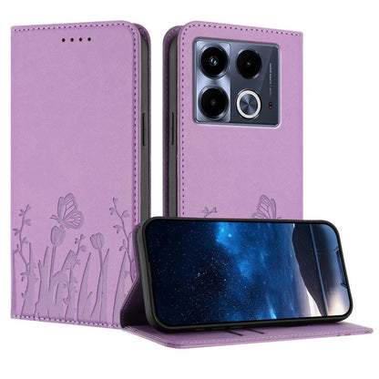 Magnetic vegan leather phone case in lavender purple with tulip and butterfly pattern, flip cover