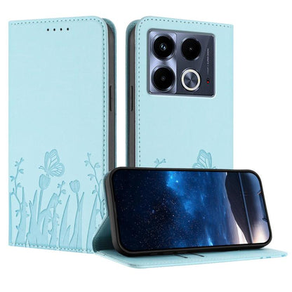 Magnetic vegan leather phone case, light blue with tulip butterfly pattern and flip stand