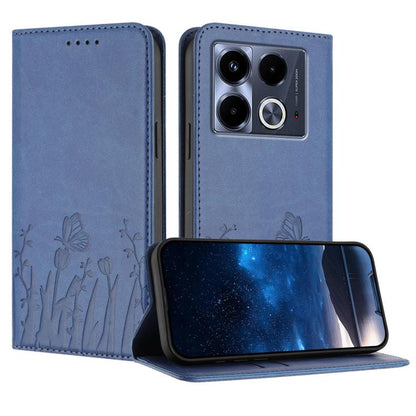 Magnetic vegan leather phone case, blue with tulip butterfly pattern and flip stand
