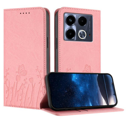 Pink magnetic vegan leather phone case with embossed tulip and butterfly pattern, flip cover