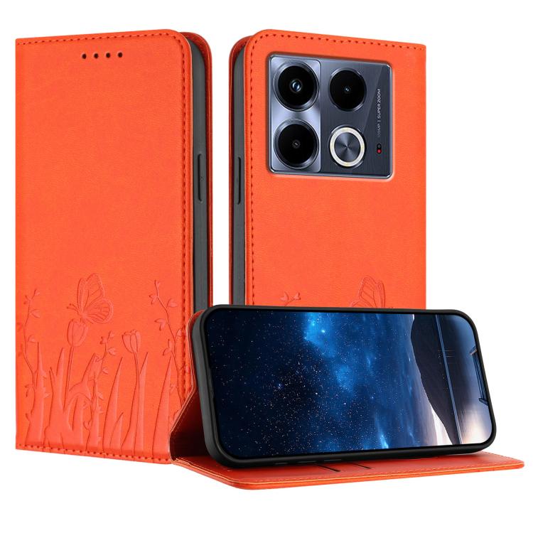 Orange magnetic vegan leather phone case with embossed tulip and butterfly pattern, flip cover