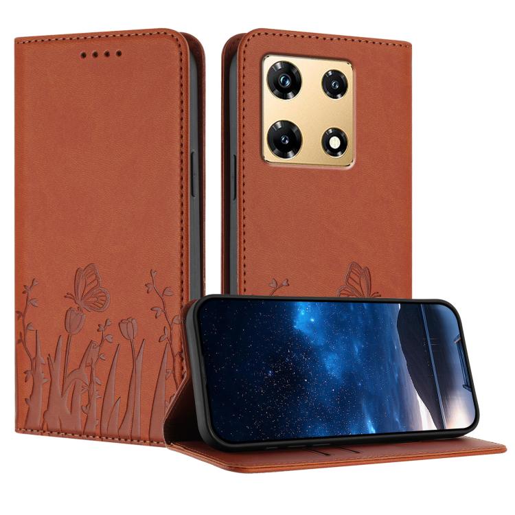 Orange vegan leather phone case with butterfly and tulip embossed pattern, flip cover