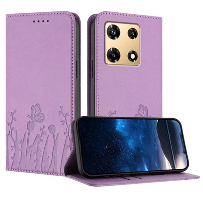 Light purple vegan leather phone case with butterfly and tulip embossed pattern, flip cover