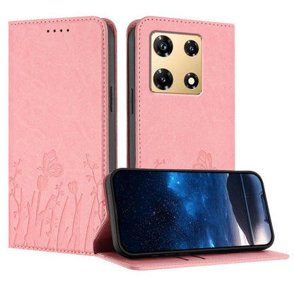 Pink vegan leather phone case with butterfly and tulip embossed pattern, flip cover