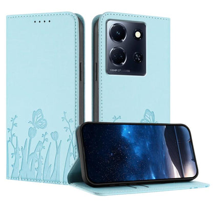 Light blue magnetic vegan leather phone case with tulip and butterfly pattern folio