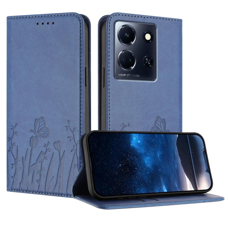 Blue magnetic vegan leather phone case with tulip and butterfly pattern folio