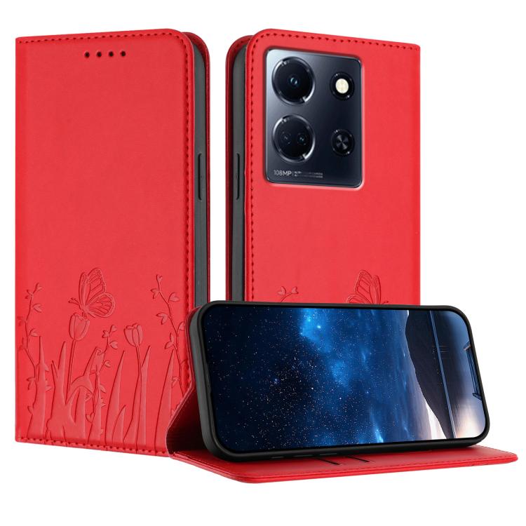 Red magnetic vegan leather phone case with tulip and butterfly pattern folio