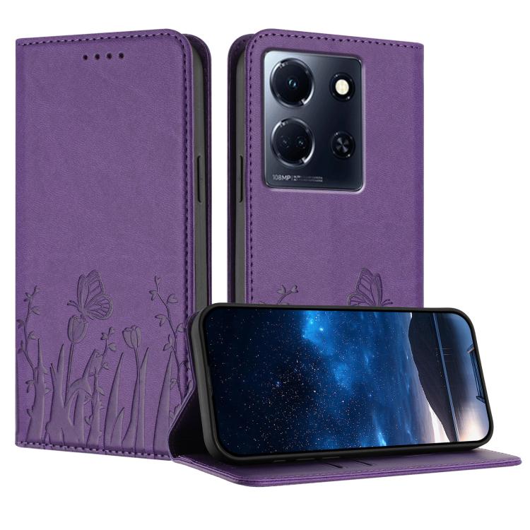 Purple magnetic vegan leather phone case with tulip and butterfly pattern