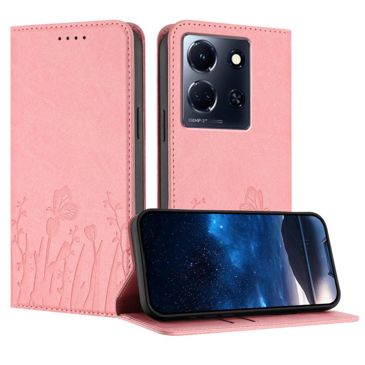 Pink magnetic vegan leather phone case with tulip and butterfly pattern