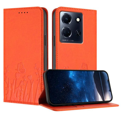 Orange magnetic vegan leather phone case with tulip and butterfly pattern