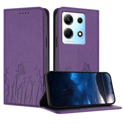 Magnetic vegan leather phone case with tulip and butterfly pattern, purple folio with card slots