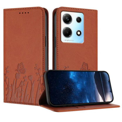 Magnetic vegan leather phone case with tulip and butterfly pattern, orange-brown folio