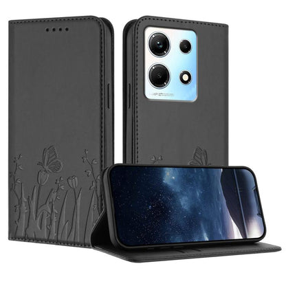 Magnetic vegan leather phone case with tulip and butterfly pattern, dark gray folio