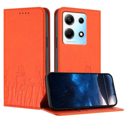 Magnetic vegan leather phone case with tulip and butterfly pattern, orange folio