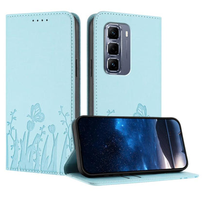 Magnetic vegan leather phone case with tulip and butterfly pattern, light blue flip cover