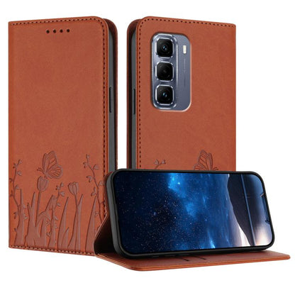 Magnetic vegan leather phone case with tulip and butterfly pattern, orange-brown folio cover