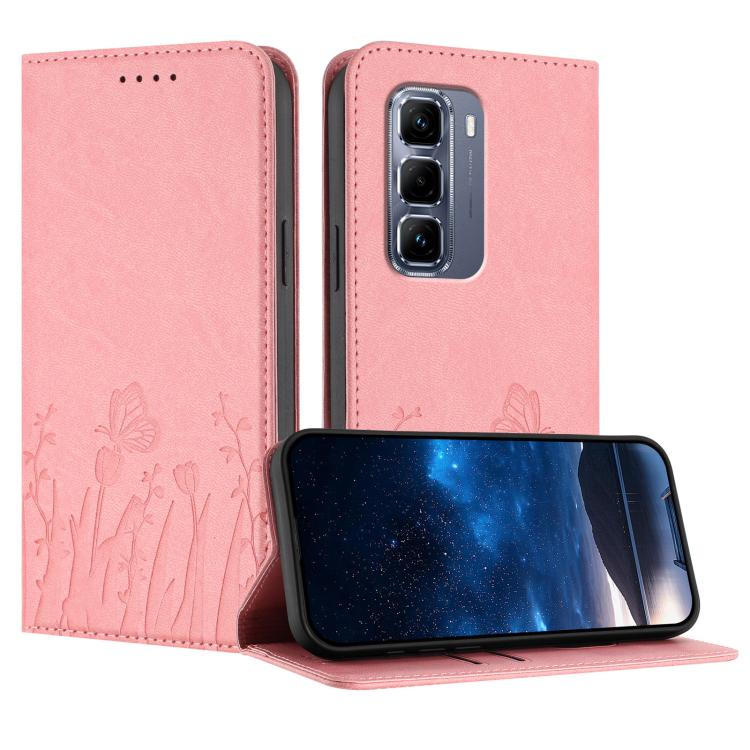 Magnetic vegan leather phone case with tulip and butterfly pattern, light pink folio cover