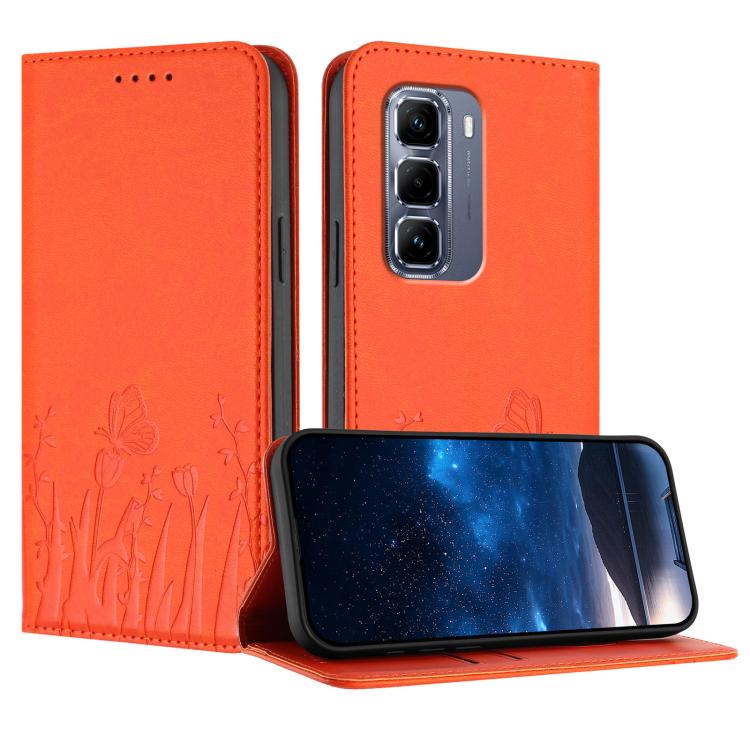 Magnetic vegan leather phone case with tulip and butterfly pattern, bright orange folio cover