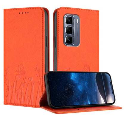 Magnetic vegan leather phone case with tulip and butterfly pattern, bright orange folio cover