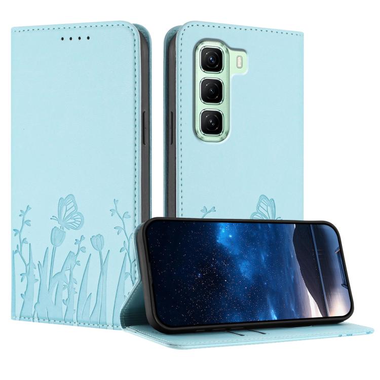 Light blue magnetic vegan leather phone case with tulip and butterfly pattern, flip cover