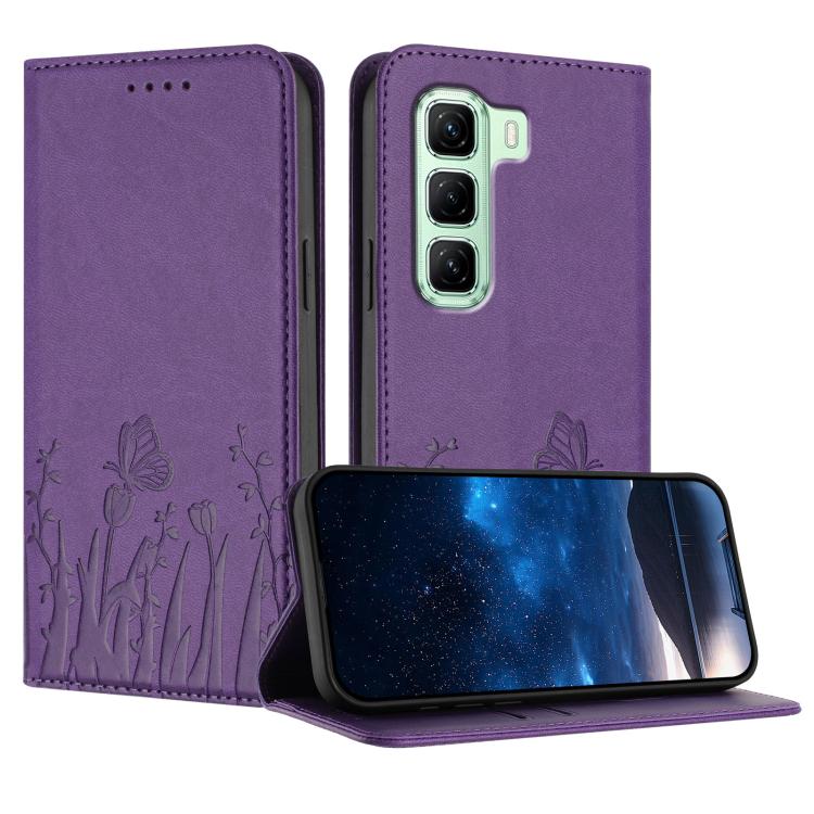 Magnetic folio phone case in purple vegan leather, tulip and butterfly pattern, card cutouts