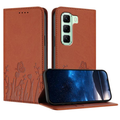 Magnetic folio phone case in rust orange vegan leather, tulip and butterfly pattern, stand flap